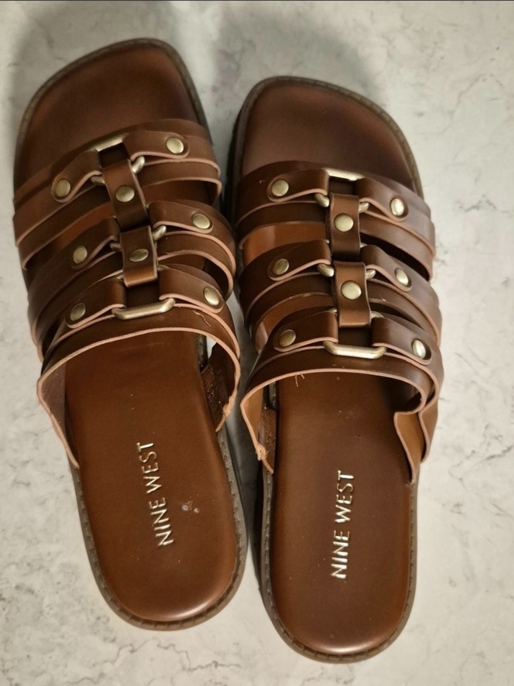 Nine West Cognac Brown Leather Multi-Strap Slide Mules